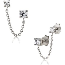 Vanbelle Sterling Silver Jewelry - Rhodium Plated with 925 Stamp - Double Stud Chain Earring with Cubic Zirconia Stones - Elegant handcrafted Earring for Women