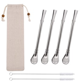 Straws Spoons Stainless Steel Straws Spoons Reusable Filter Spoons Metal Filter Straws Teaspoons for Tea, Coffee, Lemon Tea, with 2 Cleaning Brushes, Pack of 4 (Silver)