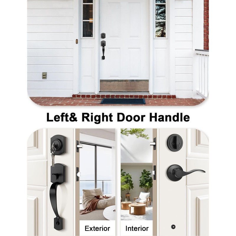 Tinewa Camelot Black Front Door Handle and Deadbolt Set, Front