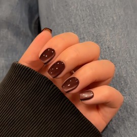 KQueenest Cat Eye Press on Nails Short, 30 Pcs Acrylic Press on Nails Square, Glass Brown Fake Nails Press on Short, Sparkly Chrome Design, Reusable Soft Gel Glue on Nails for Women Small Sizes