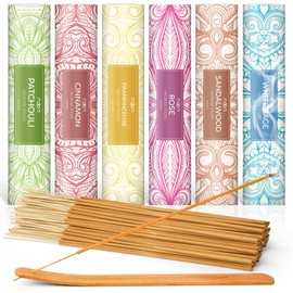 LA BELLEFÉE Incense Sticks Set 120 Sticks, 6 Boxes with 6 Fragrances - Sandalwood, Patchouli, Rose, White Sage, Cinnamon, with 1 x Incense Holder