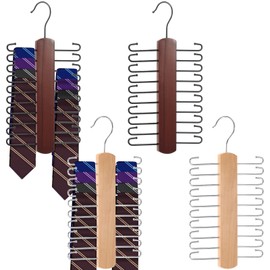 4Pcs Wood Tie Rack Hanger with 20 Metal Hooks Space Saving Belt Hanger Multifunctional Organizer for Hanging Belts Tie Scarves Neckties and More