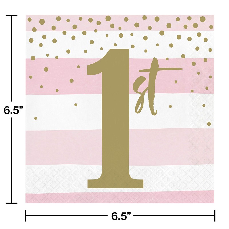 Creative Converting Stripe and Dots 1st Birthday Lunch Napkins, Pink/Gold,