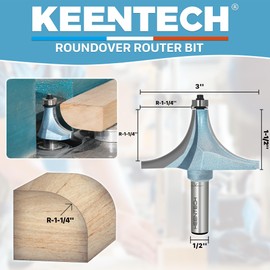 KEENTECH Round Over Router Bit, 1/2" Shank, Edge Forming Router Bit for Wood, Corner Rounding(1/2 Inch Shank , 3 Inch Diameter , R1-1/4 Inch Radius)