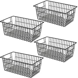 SANNO Freezer Basket Organizer, Refrigerator Metal Wire Storage Divider, Household Container Bins with Handles for Kitchen, Bathroom, Office, Camping, Black,Set of 4