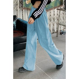 HVEPUO Womens High Waist Cargo Pants Y2K Wide Leg Cotton Baggy Hiking Pants Lightweight Elastic Waist Trousers with Pockets Light Blue L