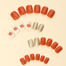 Fall Press on Nails Short Square Fake Nails Maple Leaf Full Cover Red Maple Foil False Nails with Designs Glossy Acrylic Nails Glitter Glue on Nails Manicure Artificial Nails for Women Girls 24Pcs