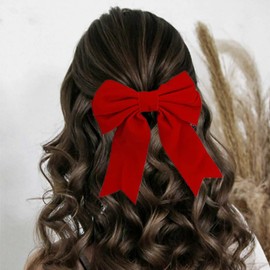 Xduargs Vintage Satin Bow Hair Clips Long Bow Hair Clips French Large Bow Hair Clip Winter Velvet Ribbon Bow Hair Clip Hair Clip Decorative Hair Accessories (Red)
