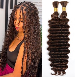 Chocolate Brown Human Braiding Hair for Boho Braids 1 Bundle 50g 16 Inch Deep Water Wave #4 Bulk Human Hair for Braiding No Weft 12A Curly Human Hair Extensions