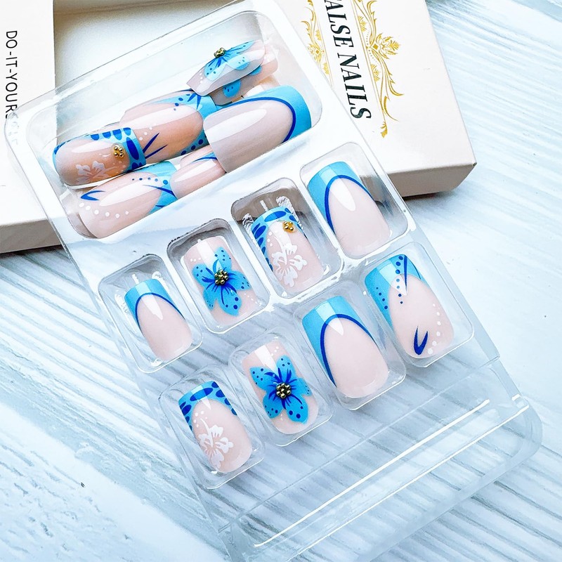 24pcs French Tip Press on Nails Short Square Blue Flower
