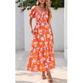 PRETTYGARDEN Womens Summer Dresses 2025 Casual Boho Floral Puff Short Sleeve Flowy Maxi Dress Smocked V Neck Sun Dresses (Orange, Medium)