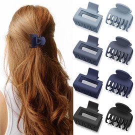 Oeusnael 8 Pcs Hair Clips for Women Girls - Double Row Teeth Small Claw Clips for Thin & Fine Hair, Medium Rectangle Clips for Thick Hair, Matte Non-slip Jaw Clips Short Hair Accessories, Dark Blue