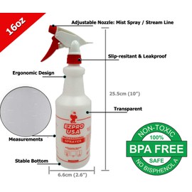 EZPRO USA Small Size Solid 16 oz Plastic Empty Spray Bottles Mist for Cleaning Solutions, Spray Bottle with Measurements, Upside Down Squirt Bottle, 4 Pack