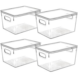 Clear Storage Bins with Lids, Stackable Pantry Organizers and Storage Plastic Containers, Fridge Organizer Bins Kitchen Cabinet Organizer Bin for Organizing Refrigerator Organization