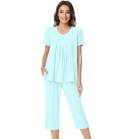 NACHILA Pajamas for Women-Viscose Made from Bamboo,Short Sleeve Pajama Sets Cooling Pjs Top Capri Pants Loose Loungewear Aqua Green L