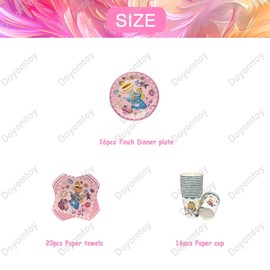 Alice Birthday Decoration, Doyomtoy Girls Party Tableware, Princess Birthday Party, Birthday Plates, Cups, Napkins for Children, Flowers Party Decoration, Baby Shower, 16 Guests