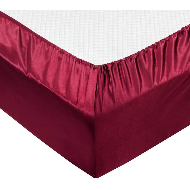 Silky Satin Fitted Sheet Classic Luxury Silky Soft Plain (Burgundy,