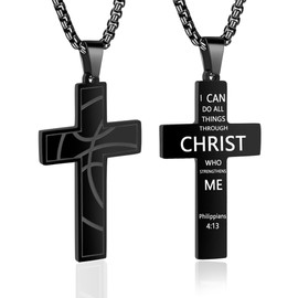 AMAZINGSUN Basketball Cross Necklace for Men.Birthday Gifts for Him,Basketball Necklace Gifts for Mens.Black Stainless Steel Inspirational Bible Verse Cross Pendant Chain (Philippians 4:13)