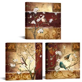 sechars Red and Brown Wall Art Birds on Tree Branch Painting Pictures Print Vintage Artwork for Kitchen Bedroom Bathroom Decoration Ready to Hang (Small)