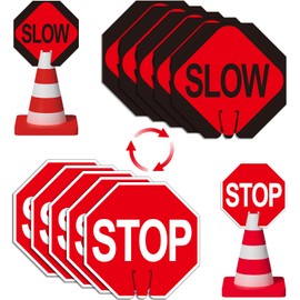 5 Pack Stop and Slow Traffic Cone Signs, 12"x12" Stop Slow Sign for Traffic Cones Top, PVC Double Sided Traffic Warning Sign for Street Road Barricade Construction （Item Does Not Include Cones）