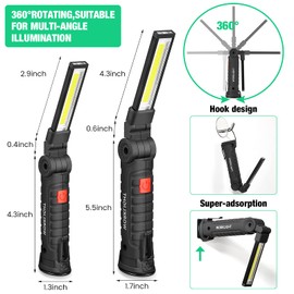 4 Pieces LED Work Light COB Rechargeable Work Flashlight with Magnetic Base, Hanging Hook and 360° Rotate 5 Modes Portable LED Work Flashlight for Car Repair, Household and Outdoor Use (Small, Large)