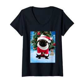 Womens Santa's Little Helper Christmas Pug in Santa Suit V-Neck T-Shirt