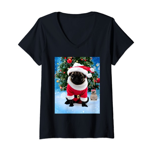 Womens Santa's Little Helper Christmas Pug in Santa Suit V-Neck