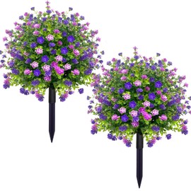 2 Pack 23" Artificial Topiary Ball Trees with Ground Spikes, UV Resistant Fake Boxwood Shrubs for Outdoors, Realistic Faux Plants Bushes for Garden Porch Yard Patio Decor
