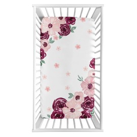 Sweet Jojo Designs Burgundy Watercolor Floral Girl Fitted Crib Sheet Baby or Toddler Bed Nursery Photo Op - Blush Pink, Maroon, Wine, Rose, Green and White Shabby Chic Flower Farmhouse