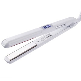 JUKEY - Alisador de cabello infrarrojo con cuidado ultrasónico con tratamiento frío de hierro, recupera el cabello dañado y restauración del cabello brillante, pantalla LCD, doble voltaje, apagado automático, color blanco