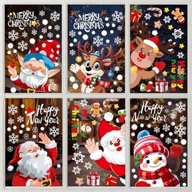 SlowTon Pegatinas para Ventana de Navidad, 6/9 Hojas de Papá Noel Gnomo Copo y Muñeco de Nieve Decoraciones, Doble Impreso Reutilizable Etiqueta Engomada para Decoración Navidad y Fiesta