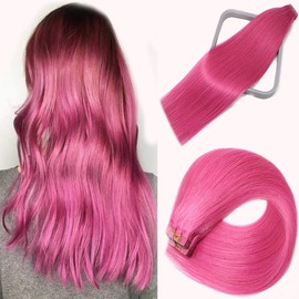 Tape in Brazilian Human Hair Extensions 100% Remy Human Hair Glue in Extensions Balayage Seamless Silky Straight Skin Weft Hair(20Inch #pink 20pcs 50g)
