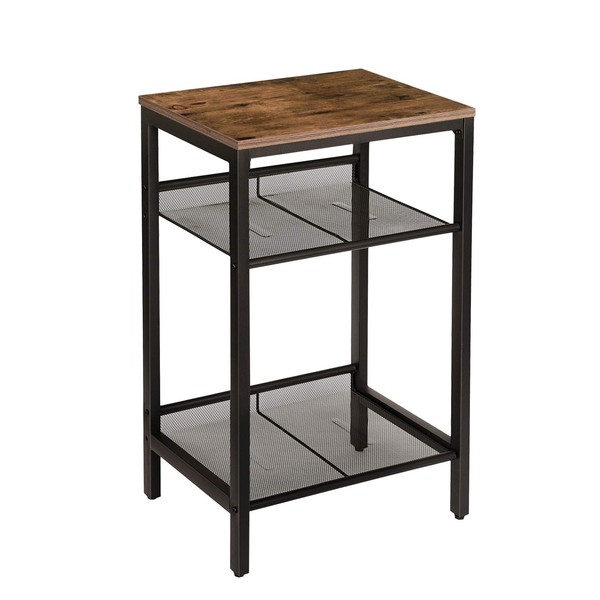 HOOBRO Side Table, Industrial End Telephone Table with Adjustable Mesh Shelves, for Office Hallway or Living Room, Wood Look Accent Furniture, Tall and Narrow, Rustic Brown and Black BF01DH01