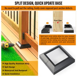 Wocepu 8 pcs 4x4 (Actual: 4"x4") Aluminum Deck Post Base Cover, for Deck railings, Stairs, Patios, Porches Split Deck Post Skirt (Black)