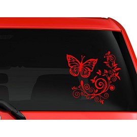 Butterfly and Flower Car Truck SUV Window Laptop Kitchen Wall Vinyl Decal Sticker (Red, 6")