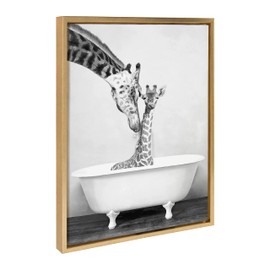 Kate and Laurel Sylvie Giraffe In Tub Framed Canvas Wall Art by Amy Peterson Art Studio, 18x24 Gold, Modern Fun Decorative Bathtub Wall Art for Home Décor