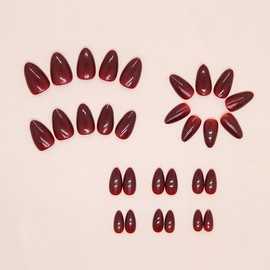 JUSTOTRY Pack of 24 Dark Red Nails for Sticking, Short, Plain Almond Press On Nails Pattern, Glossy Burgundy Oval Artificial Nails, Fake Nails, Medium, French Fingernails, Artificial Nails for Women