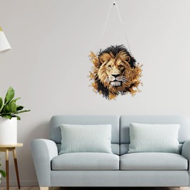 Lion Diamond Art Hanging Kits for Adults, Animal Diamond Painting Pendant Kits, DIY Acrylic 5D Special Shaped Crystal Diamonds Gem Art Painting Ornament for Home Wall Decor Gift 8x8 Inch