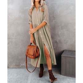 R.Vivimos Women's Summer Cotton Half Sleeves Button Down Casual Loose Slit Midi Dress with Pockets (Medium, Khaki)