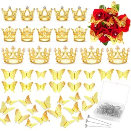 cridoz 163Pcs Flower Bouquet Accessories, 15Pcs Mini Crowns with 48Pcs Gold 3D Butterfly Decorations and 100Pcs Corsage Boutonniere Pins for Flower Arrangements, Small Crowns for Cake Topper