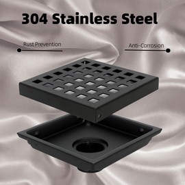 6 Inch Square Shower Floor Drain Cover Shower Strainer Matte Black Hair Catcher 304 Stainless Steel,Quadrato Pattern Grate Removable