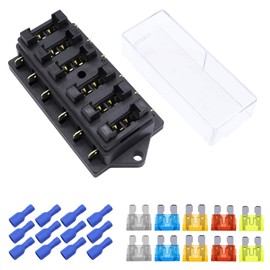 HISports 6-Way Fuse Holder, Universal Standard Blade Fuse Box with 10 Fuses (5A x 2.10A x 2.15A x 2.20A x 2.25A x 2) Car Standard Fuse Box ATO with Moisture-Proof Cover