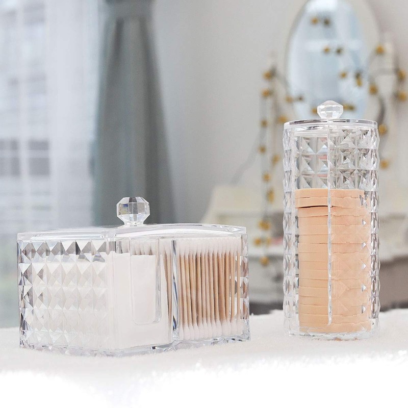 Acrylic Makeup Cotton Round Holder, Luxspire Clear Diamond Pattern Cotton