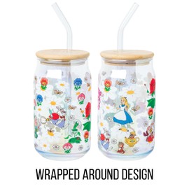 Silver Buffalo Disney Alice in Wonderland Wild Flower Glass Tumbler with Bamboo Lid and Glass Straw Featuring Alice, White Rabbit, Cheshire Cat, Dinah, Dormouse, and March Hare, 16 Ounces
