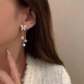 Aneneiceera Vintage Crystal Butterfly Ear Jacket Earrings Gold Crystal Tassel Dangle Earrings Cz Butterfly Stud Earrings Long Fringe Crystal Earrings Jewelry for Women and Girls (With butterfly)