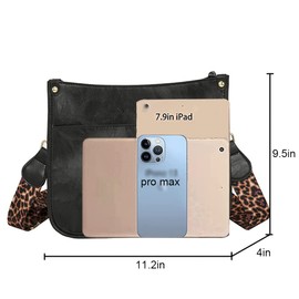 Downupdown Crossbody Bags for Women Designer Satchel Handbags Leather Purse Shoulder Bag with Leopard Print Shoulder Strap Hobo Handbag Messenger Bag-Black