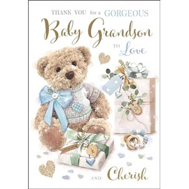 New Baby Grandson Thank You Card - Gorgeous Grandson to Love - Teddy Bear Design - Special Finishes and Illustrated Insert Leaf - Made in the UK