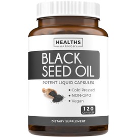 Healths Harmony Black Seed Oil - 120 Softgel Capsules Skin Health (Non-GMO & Vegan) Cold-Pressed Nigella Sativa Producing Pure Black Cumin Seed Oil with Vitamin E - 500mg Each, 1000mg Per 2 Capsule Serving