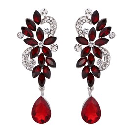 Clearine Bohemian Boho Crystal Floral Wedding Bridal Chandelier Teardrop Bling Long Dangle Earrings for Women Ruby Colour Silver-Tone