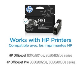 HP Cartucho de tinta negra 910 para impresoras HP | Funciona con OfficeJet 8010, 8020 Series, OfficeJet Pro 8020, 8030 Series | Elegible para tinta instantánea | 3YL61AN